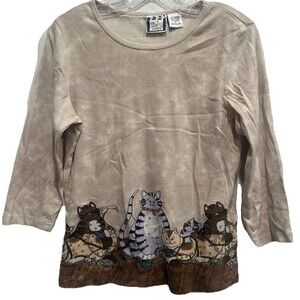 Vintage Take Two Cat Medium Women 3/4 Sleeve Blouse Teacher Novelty Grandma